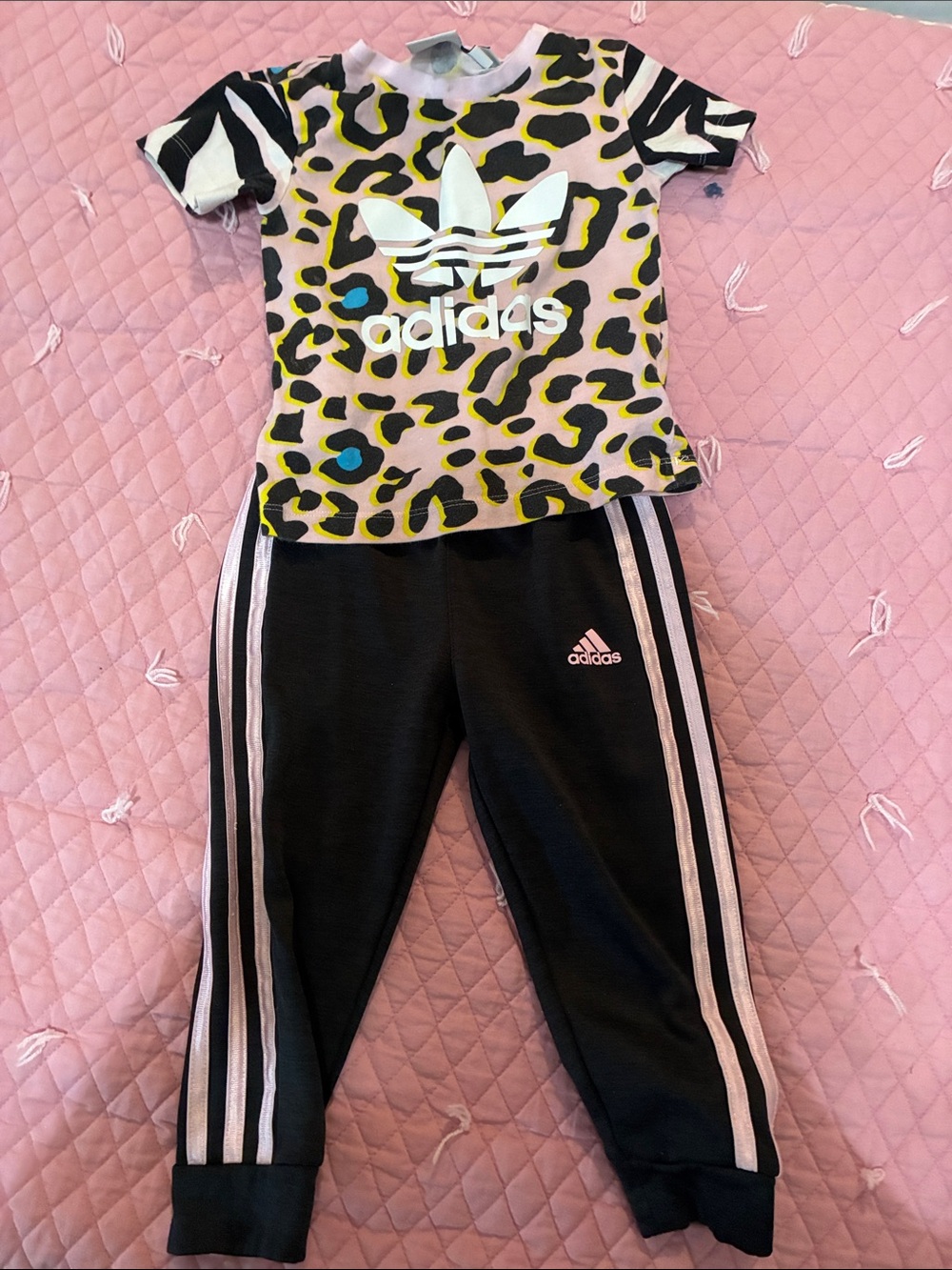 adidas Black and Pink Leopard Print Kids Matching Set